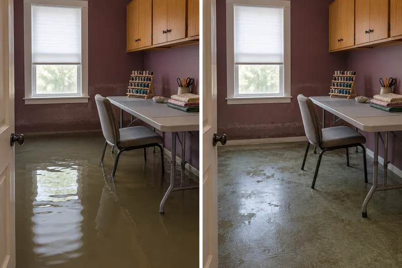 Water Extraction Near Hulen Park — standing water before bulk pickup and damp flooring after