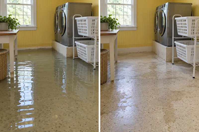 Water Extraction Near Carver Park — standing water before bulk pickup and damp flooring after