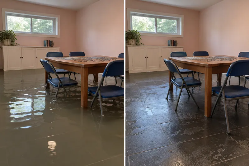 Water Extraction Near John P. Bradshaw Park — standing water before bulk pickup and damp flooring after