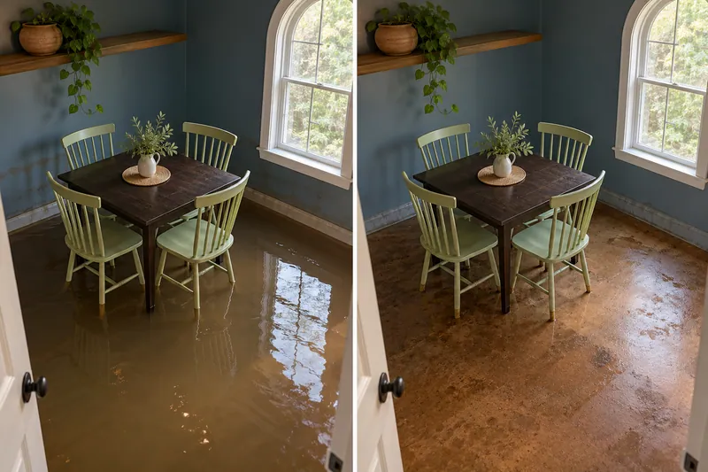Water Extraction Near Winchester Park — standing water before bulk pickup and damp flooring after