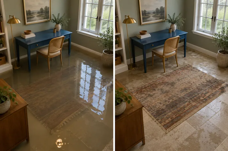 Water Extraction in Cleburne — standing water before bulk pickup and damp flooring after